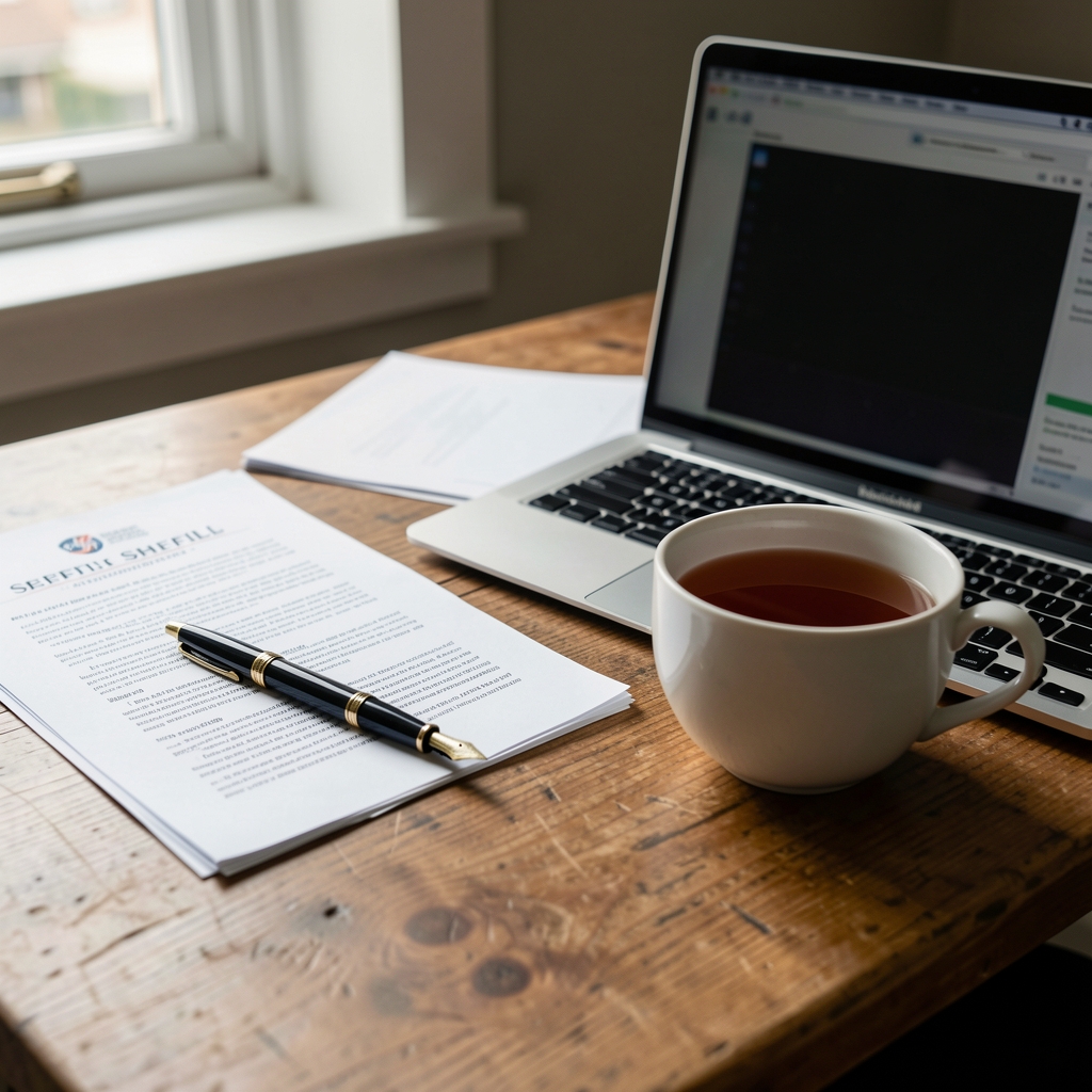 Editorial desk in Sheffield with research papers, a fountain pen and a cup of tea beside a laptop