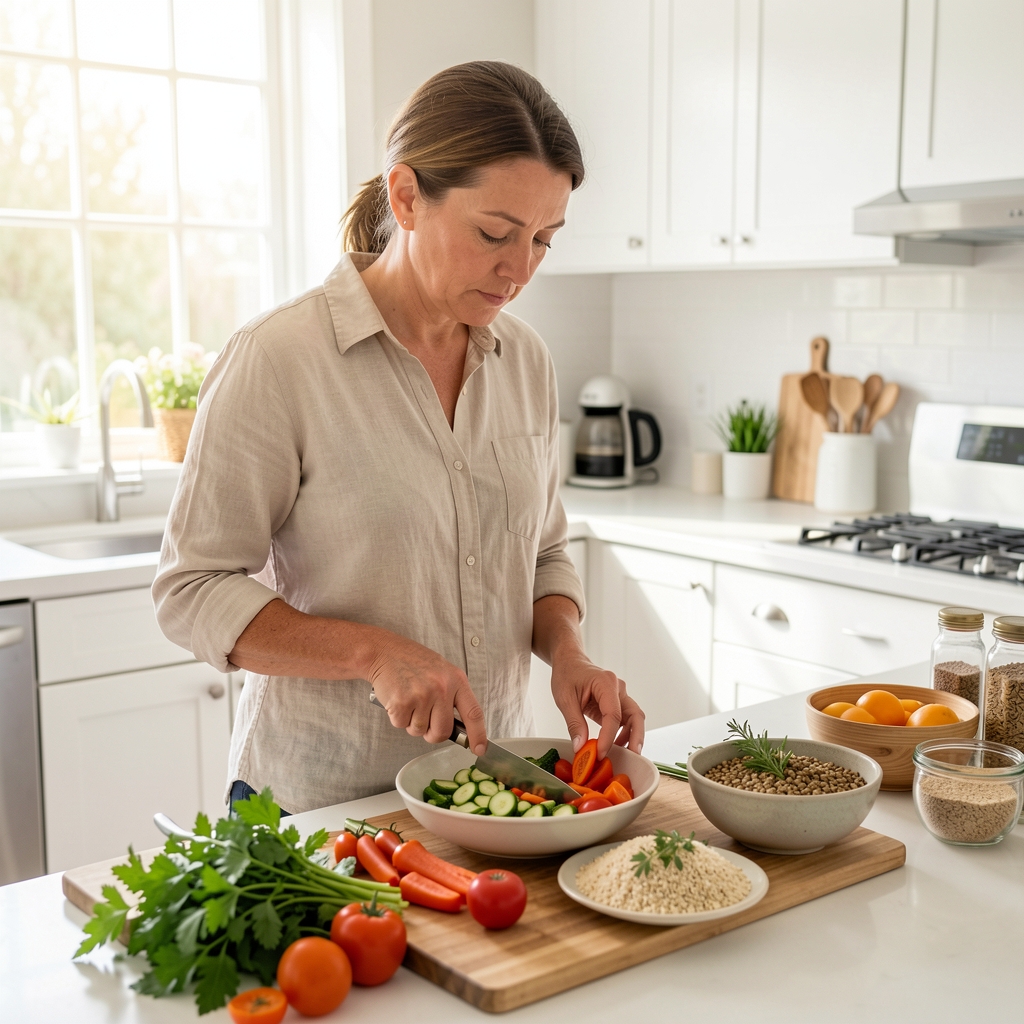 Thoughtful adult preparing a balanced meal with vegetables, grains and herbs in a bright kitchen