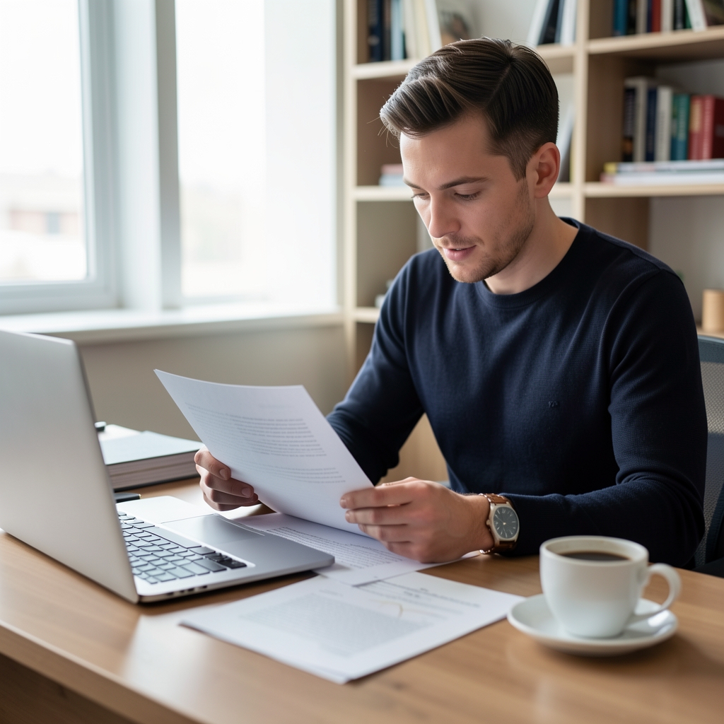 Editorial lead reviewing printed research notes at a desk with a laptop and cup of coffee