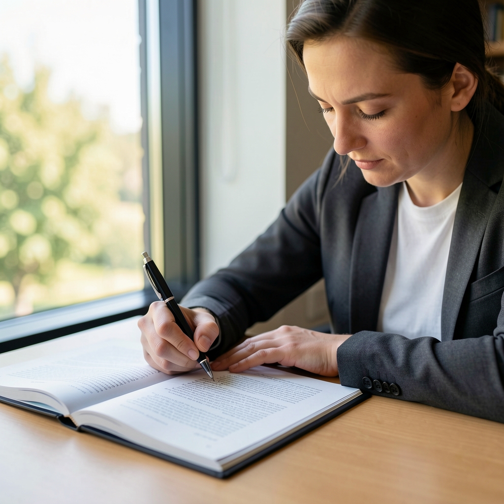 Research editor highlighting passages in a journal article with a pen while seated near a window