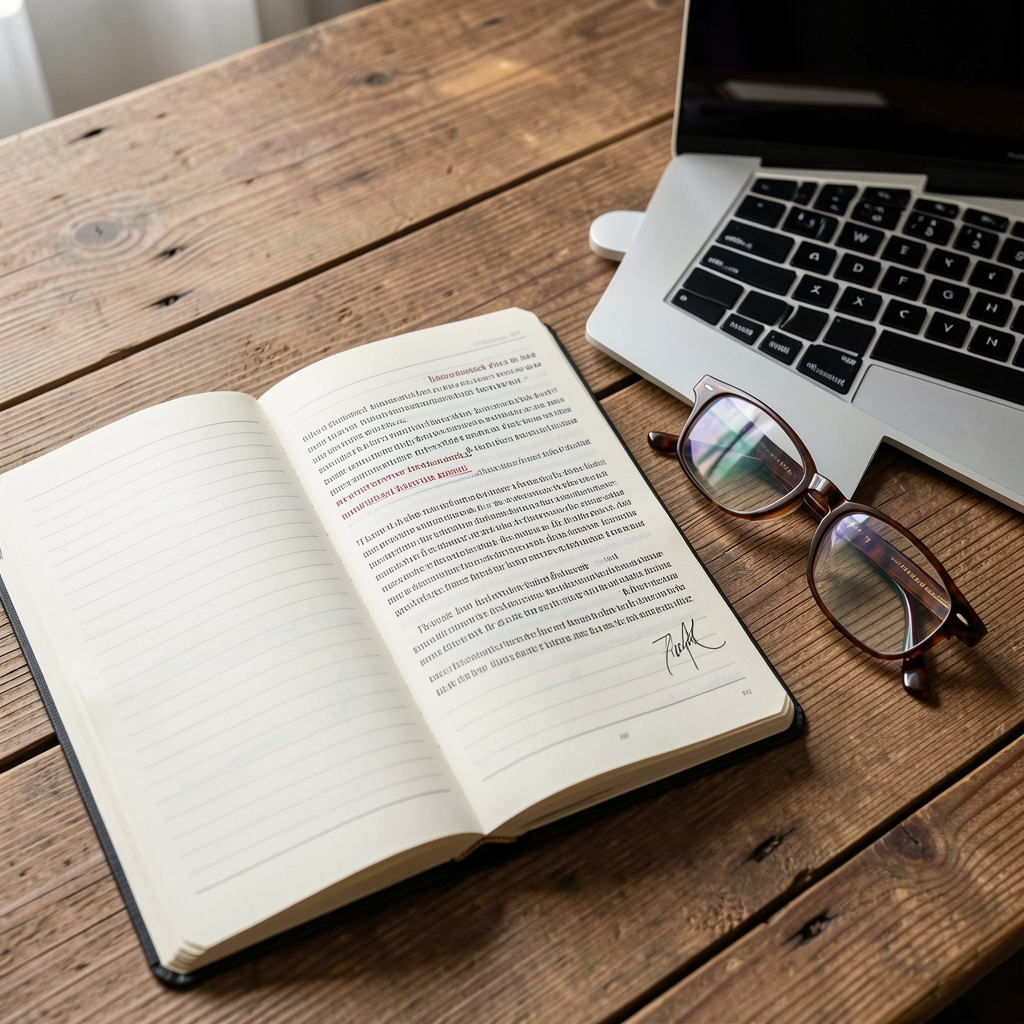 Open notebook and marked-up health article beside a laptop and reading glasses on a wooden table