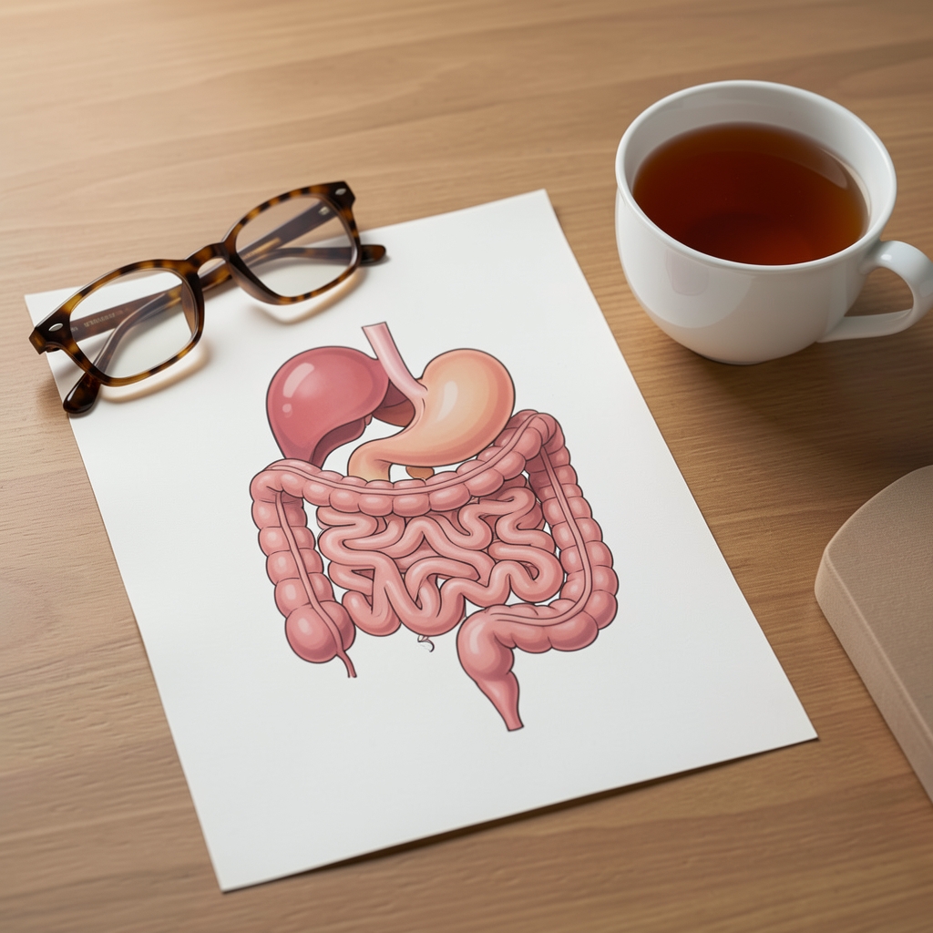 Illustrative diagram of the digestive system printed on paper beside reading glasses and a cup of tea