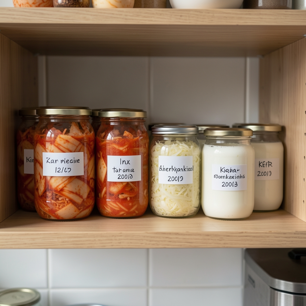 Home kitchen shelf with jars of kimchi, sauerkraut and kefir labelled by date