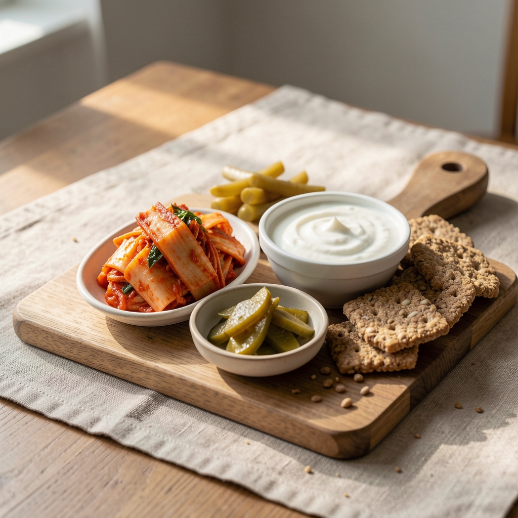 Small serving board with kimchi, yoghurt, pickled vegetables and wholegrain crackers in natural light