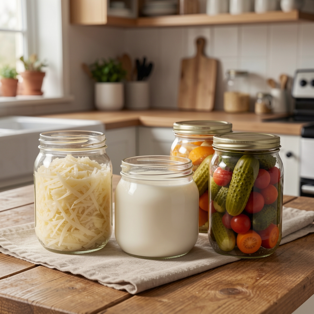 Glass jars of sauerkraut, kefir and pickled vegetables arranged on a linen cloth in a home kitchen