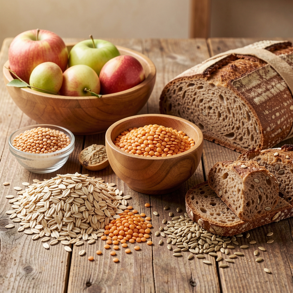 Oats, lentils, apples, seeds and wholegrain bread arranged as a fibre-rich breakfast table