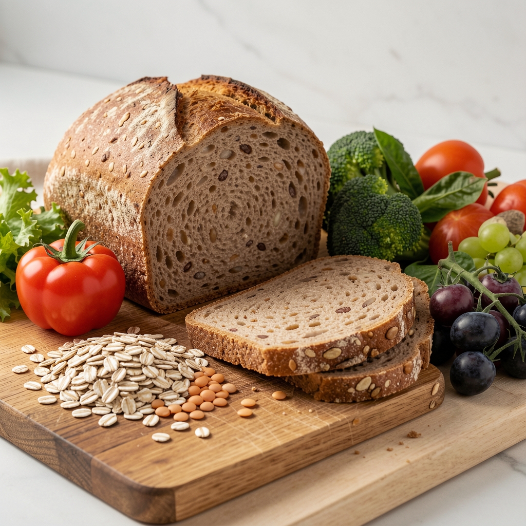 Wholegrain bread, oats, lentils and fresh vegetables arranged on a chopping board as sources of dietary fibre