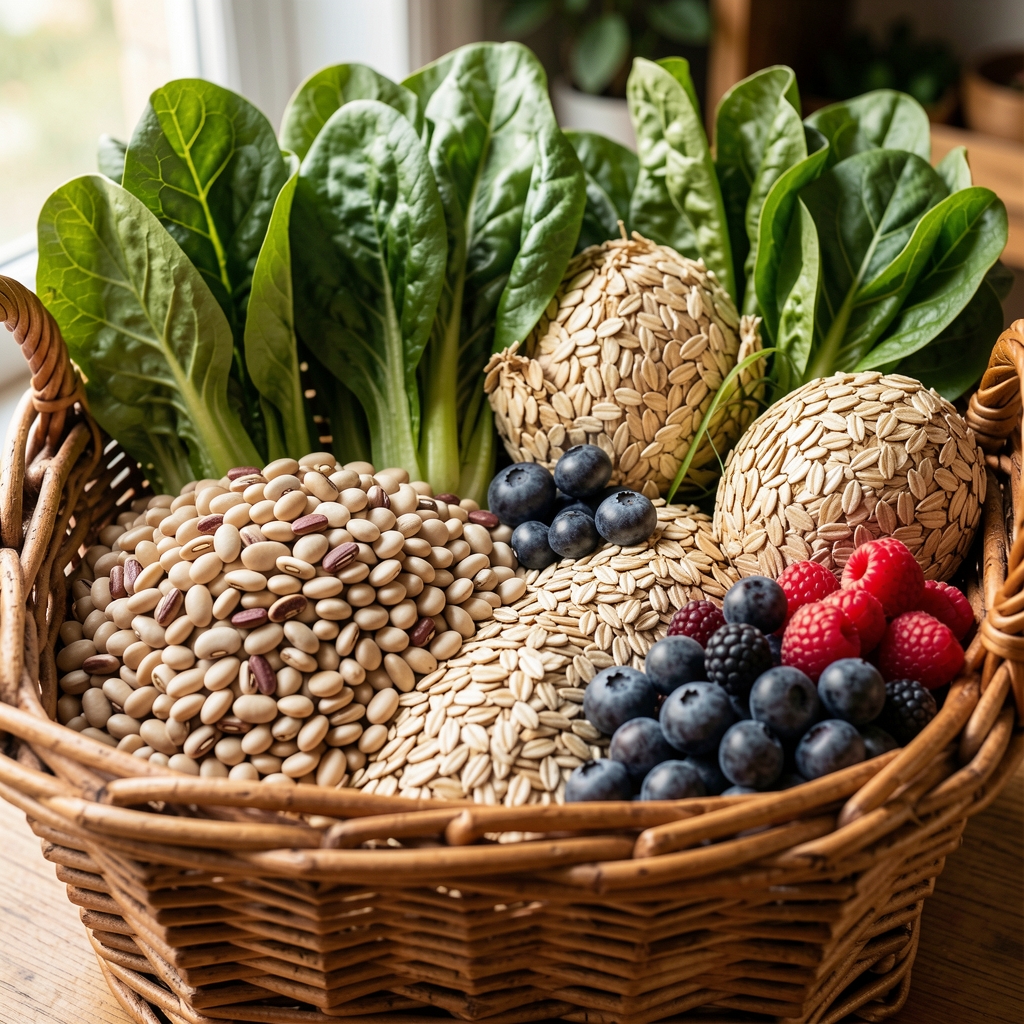 Market basket of beans, leafy greens, whole grains and berries representing dietary variety
