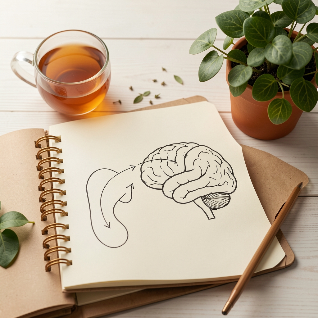 Notebook showing a simple gut and brain connection sketch beside herbal tea and a leafy plant