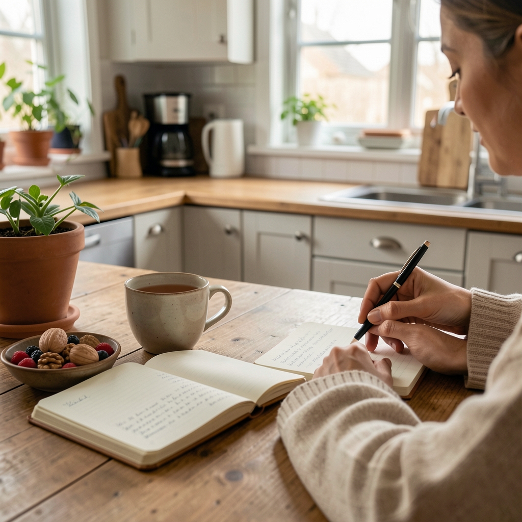Person journalling at a kitchen table with a cup of herbal tea, notebook open beside a bowl of walnuts and berries