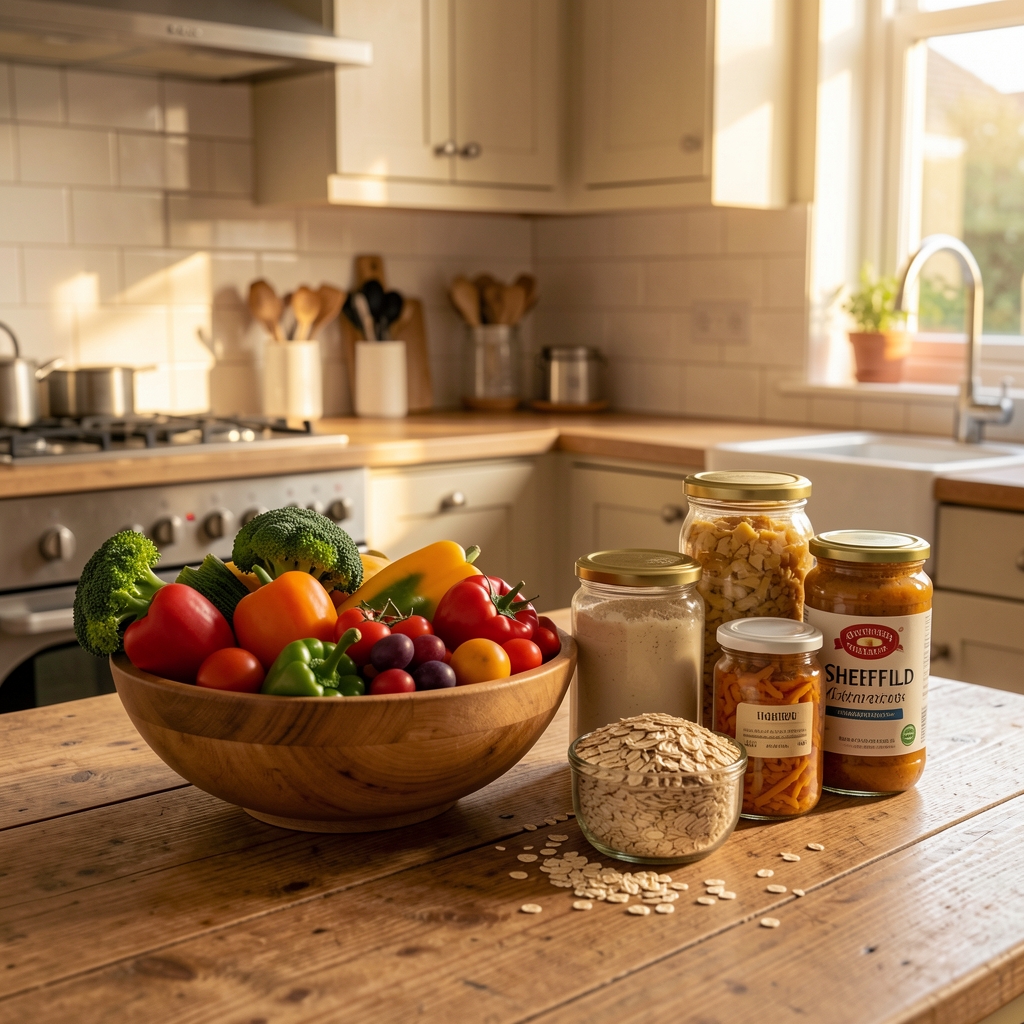 Warmly lit Sheffield kitchen with a bowl of colourful vegetables, oats and fermented foods on a wooden table