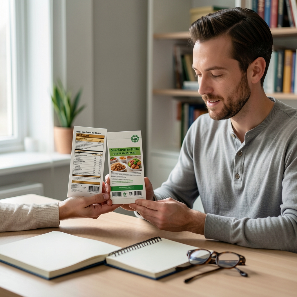 Adult reader comparing two food supplement labels beside a notebook and reading glasses