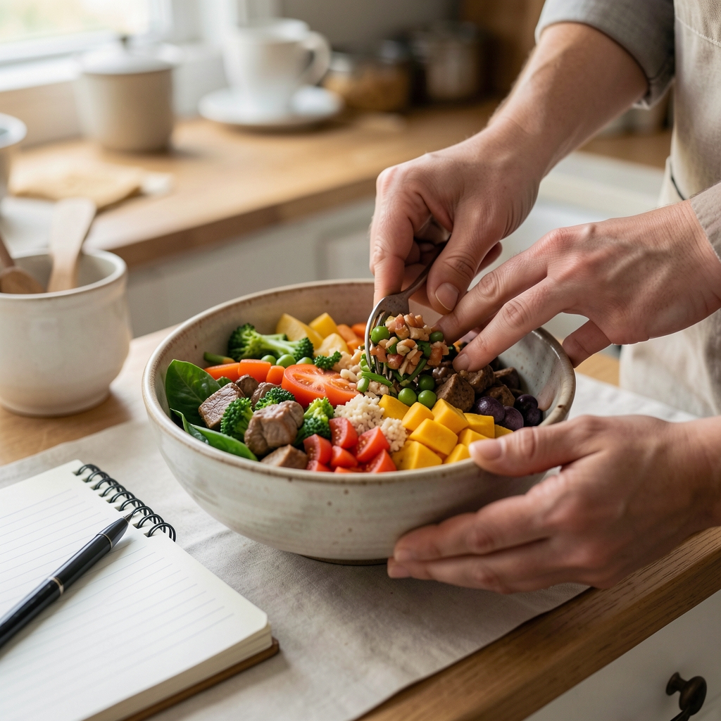 Hands arranging a colourful balanced meal in a ceramic bowl beside a kitchen notebook