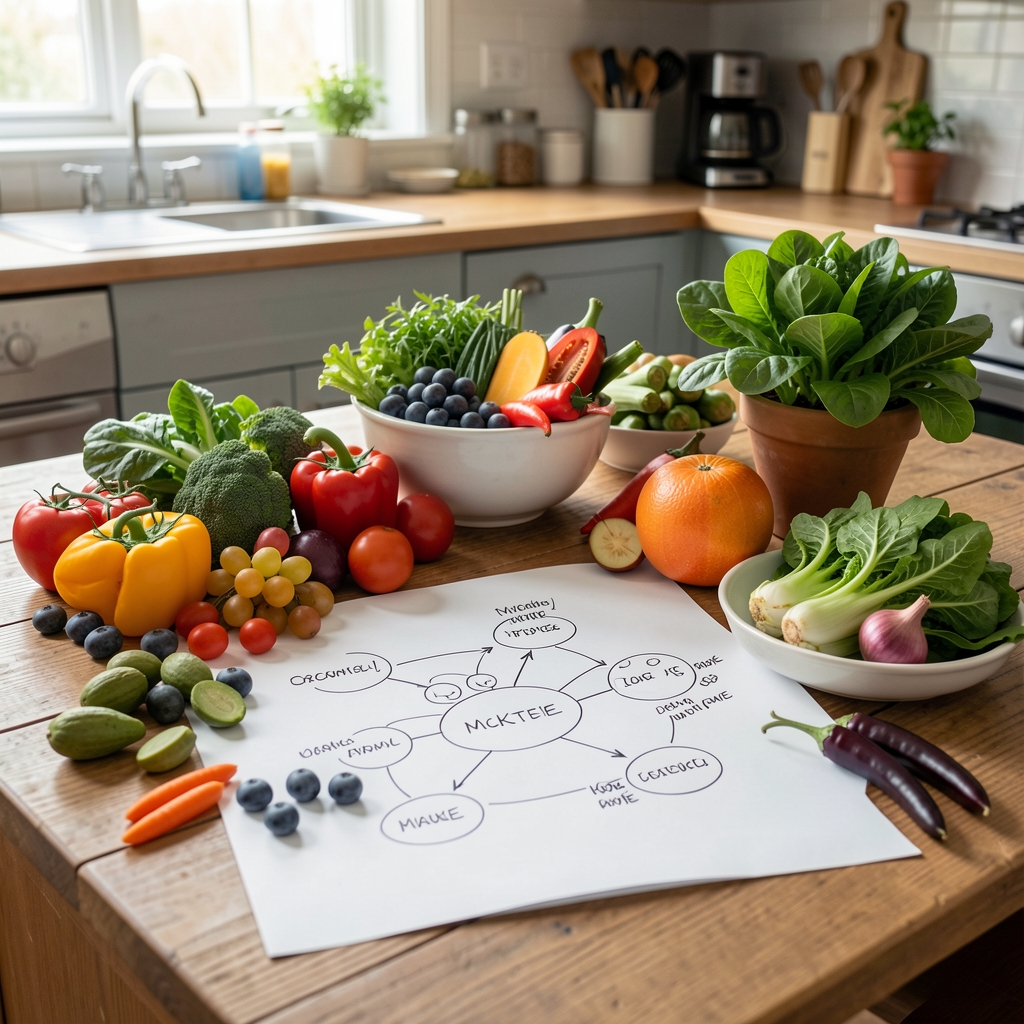 Colourful plant foods and a handwritten microbiome diagram on a kitchen table
