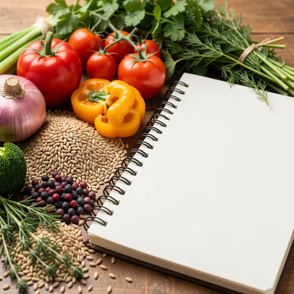 Close view of colourful vegetables, grains and herbs arranged beside a notebook about the gut microbiome