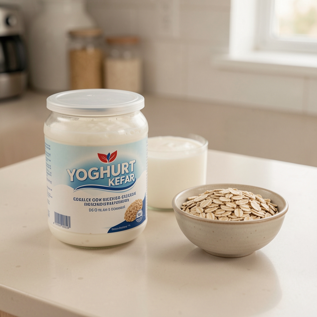 Yoghurt, kefir and a small bowl of oats arranged on a pale kitchen counter