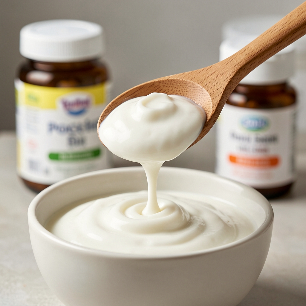 Wooden spoon holding live-culture yoghurt above a bowl, with probiotic supplement bottles blurred in the background