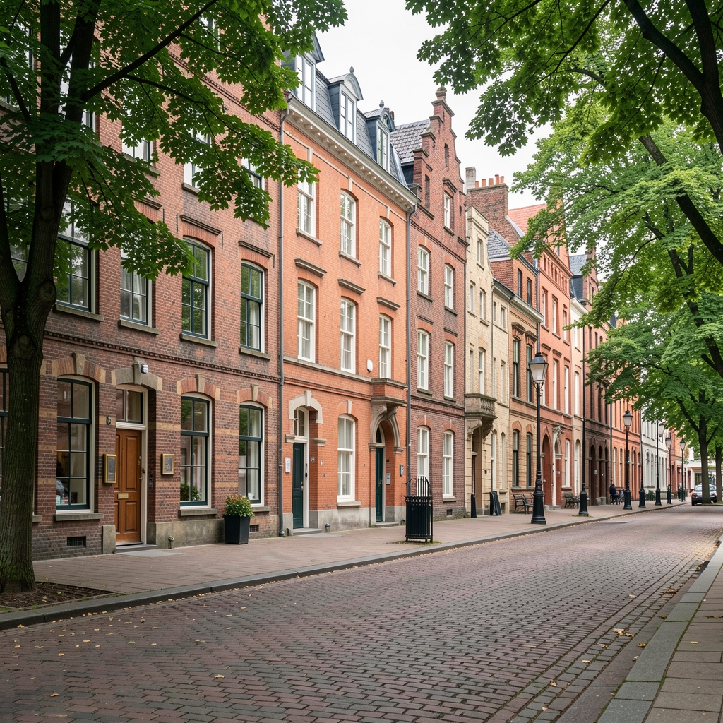 Quiet Sheffield street scene with historic brick buildings and leafy pavements near Surrey Street