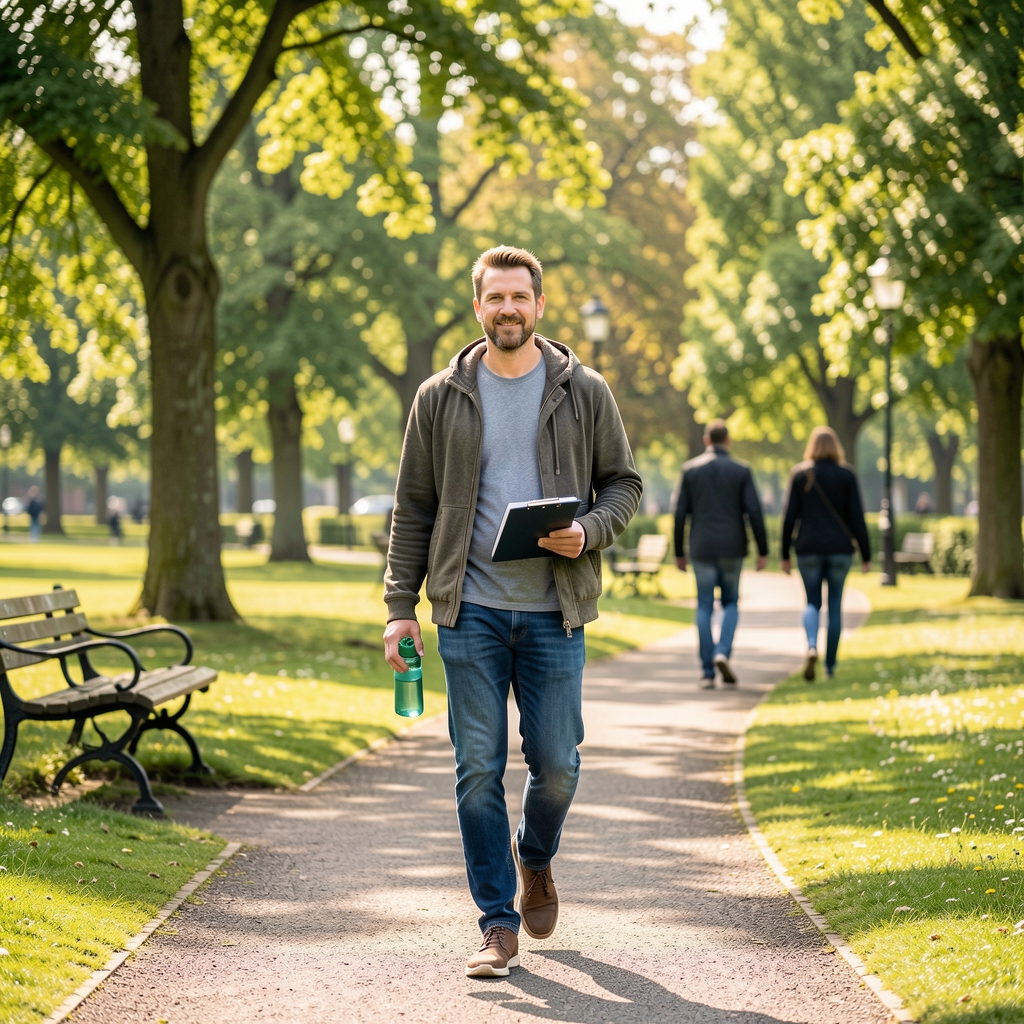Adult walking through a Sheffield park with a notebook and reusable water bottle on a bright morning