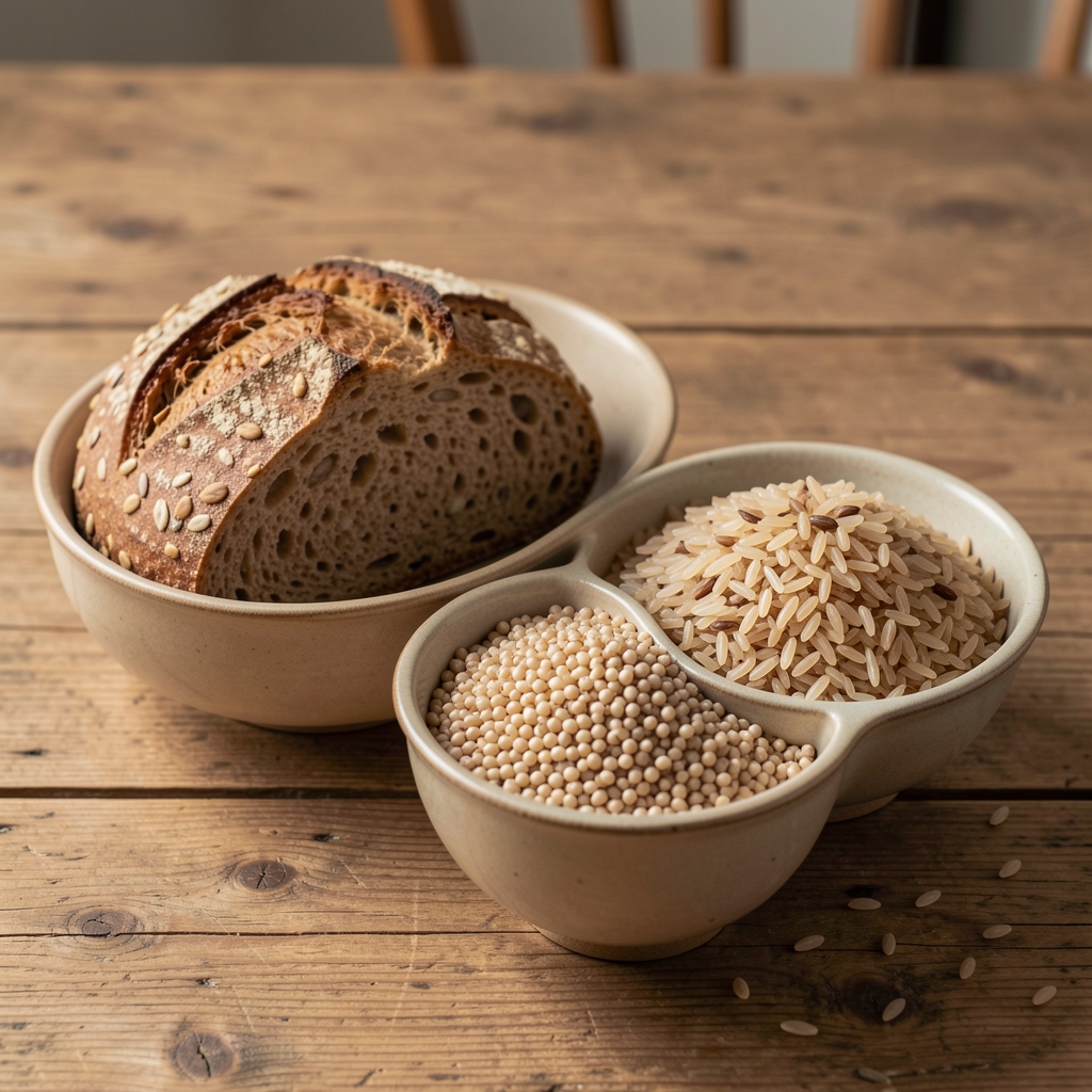 Wholegrain bread, pearl barley and brown rice in ceramic bowls on a wooden table